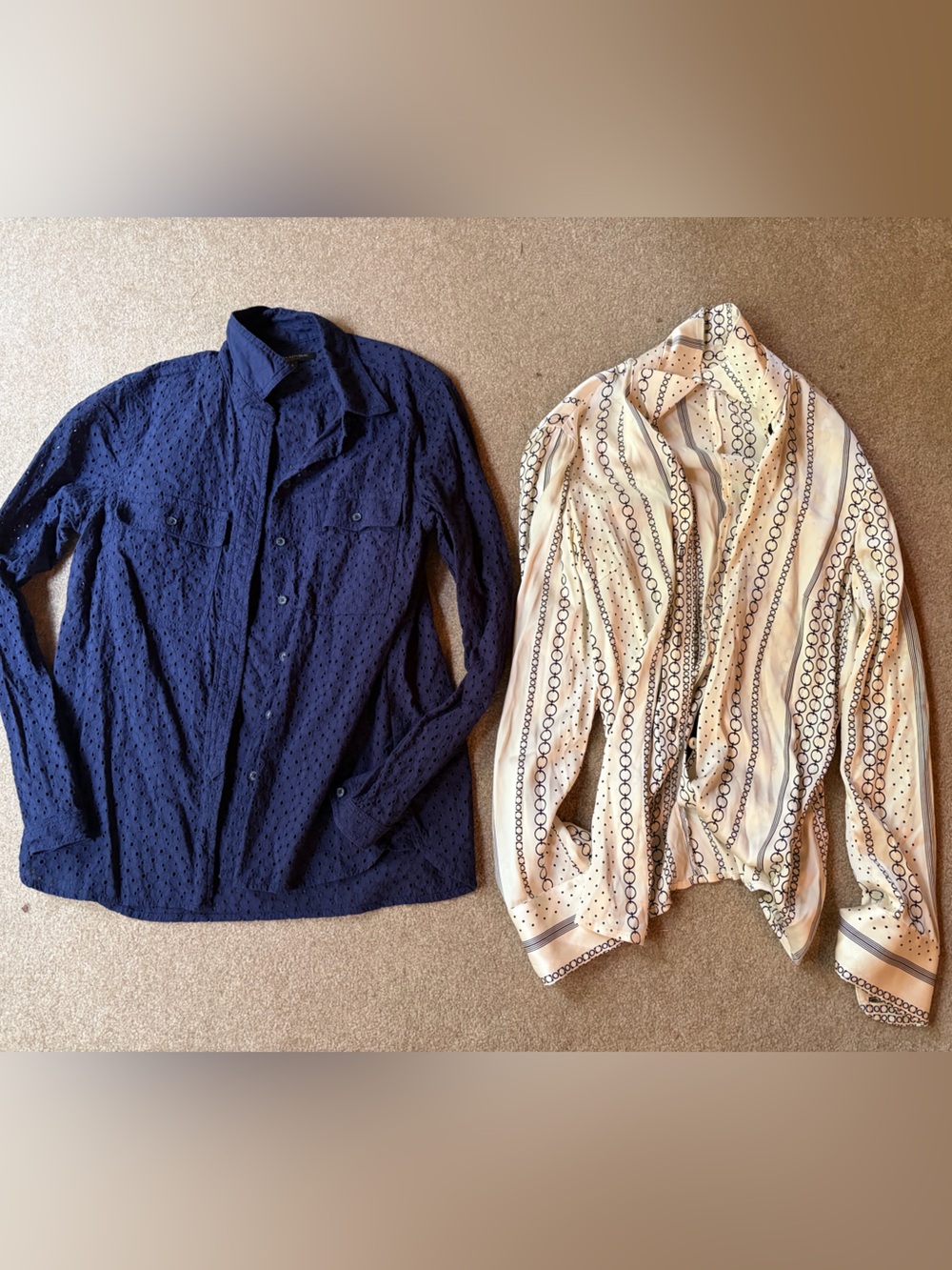 Banana Republic Navy Eyelet shirt and Tina Turk silky cream colored shirt